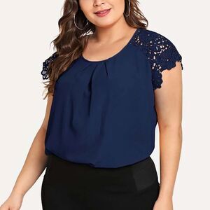 Elegant Navy Blue Lace Sleeve Top